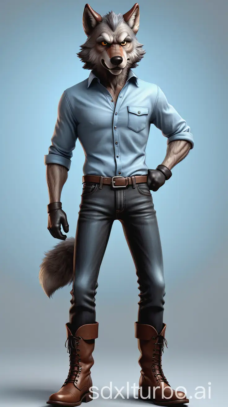 anthropomorphic elegant grey wolf man, sky blue shirt, black jeans, wearing brown leather boots. Q-version, realistic, photography, illustration, cartoon, hyperrealism, poster, virtual engine, 3D rendering, C4D, masterpiece, high quality, wallpaper, ultra-high detail, anthropomorphic, looking at camera, standing, calm, fluffy, close-up shot, full body, clean background