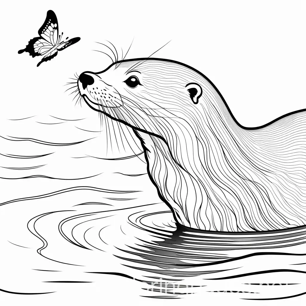 looking down to see an otter swimming after a butterfly , Coloring Page, black and white, line art, white background, Simplicity, Ample White Space