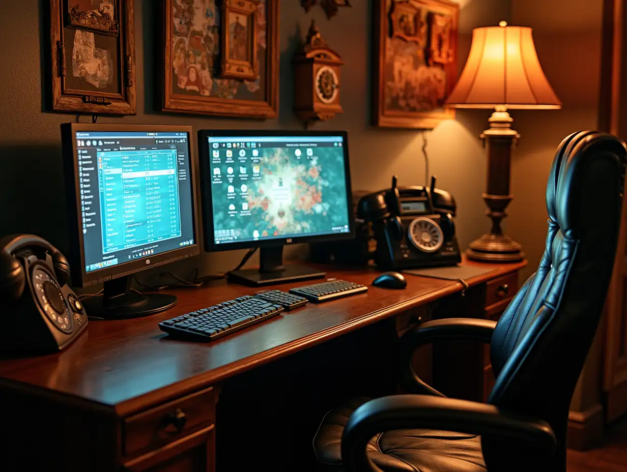 Homeoffice, steam punk style, screens, keyboards, telephones, happy atmosphere