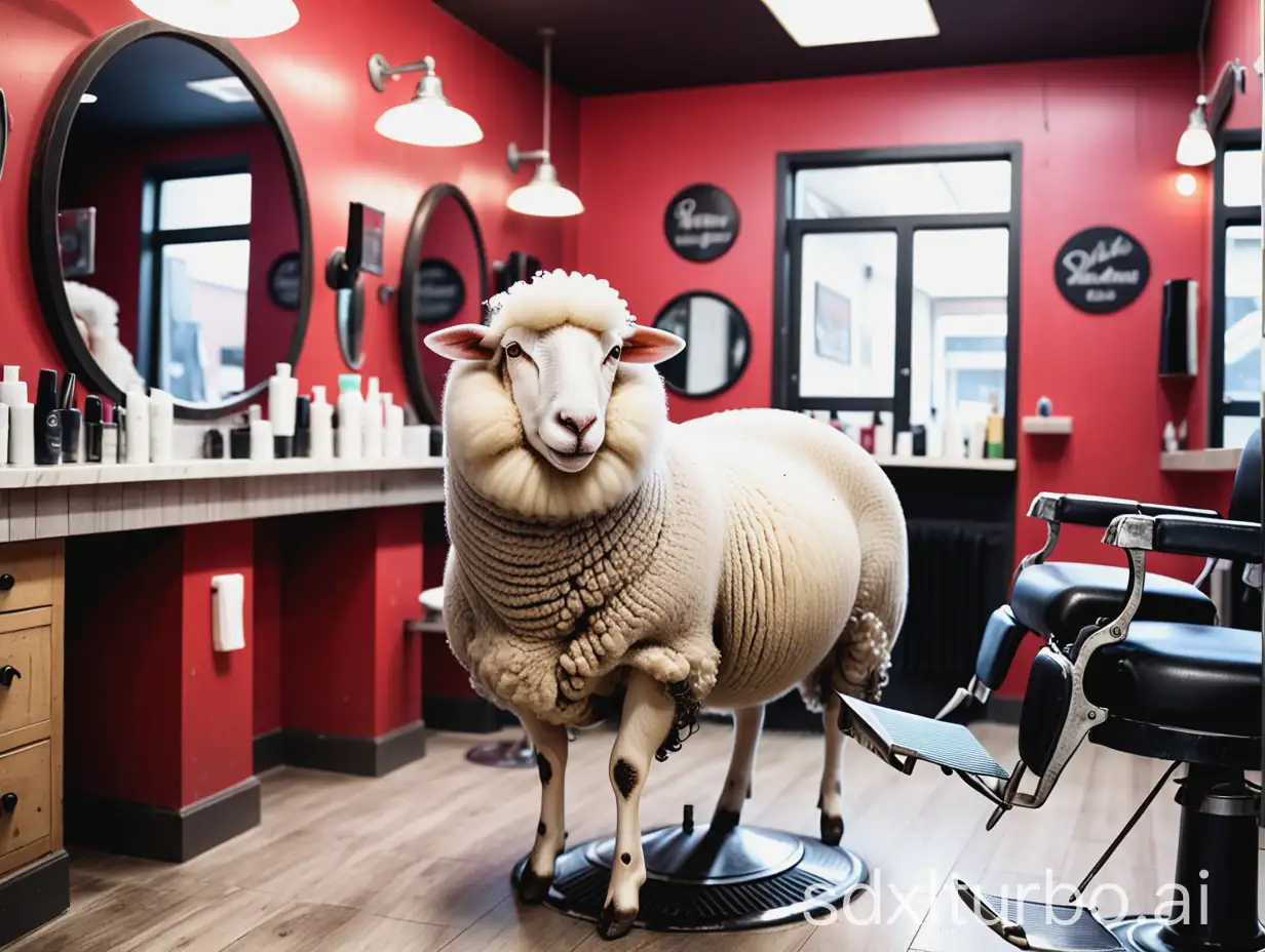 a sheep in a barber salon with the IT interior