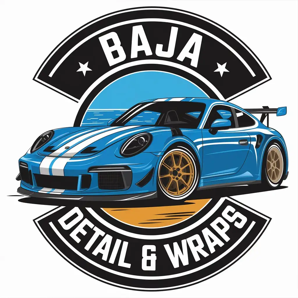 LOGO Design for Baja Detail Wraps Blue Sports Car with White Stripes and Desert Sea Circle Theme