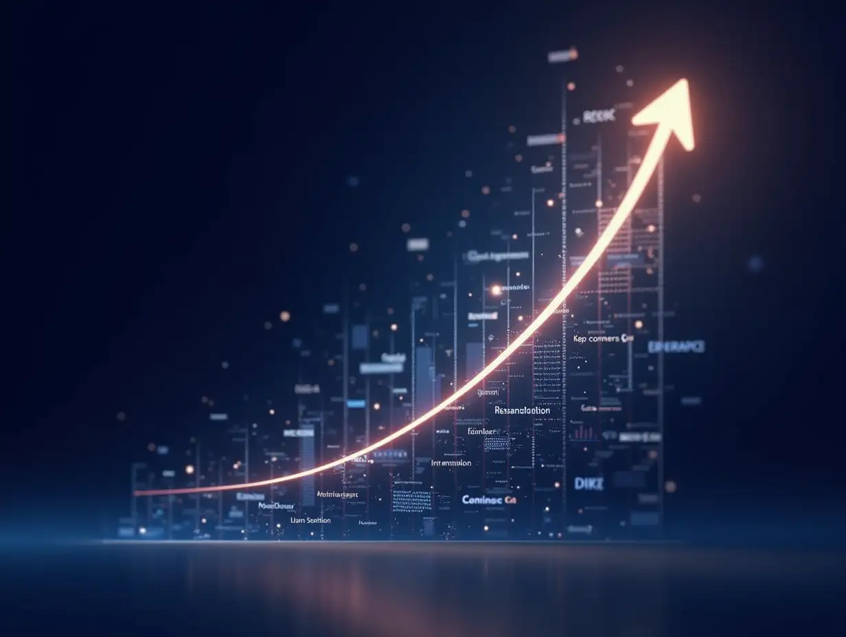 A dynamic and visually compelling hyperrealistic digital artwork visualizing the growth and development of a law office through the strategic implementation of technology and digital tools. The artwork should evoke a sense of progress, innovation, and success.nnThe central element is a rising graph that curves upward in a smooth, elegant arc. The graph should be clearly labeled with key metrics such as client acquisition, revenue growth, and case resolution rates. The numbers should be easily readable and presented in a visually appealing manner.nnBehind the graph, a complex network of interconnected nodes and lines should be visible, symbolizing the digital infrastructure that supports the law office's growth. These nodes should represent various aspects of the business, such as client management systems, online marketing campaigns, and data analytics platforms.nnThe color palette should be strictly limited to deep indigo/purple-blue, white, and light gold, reflecting the brand's identity and values. The lighting should be subtle and sophisticated, with a focus on creating a sense of depth and dimension.nnThe overall message is that by embracing technology, law offices can unlock unprecedented levels of growth, efficiency, and profitability. The artwork should be clean, modern, and visually impactful, capturing the essence of the brand's mission and vision.nnTo enhance the realism, consider adding subtle details such as reflections, shadows, and textures to the various elements. The goal is to create an image that is both visually stunning and intellectually engaging, conveying a clear message about the transformative power of technology in the legal profession.