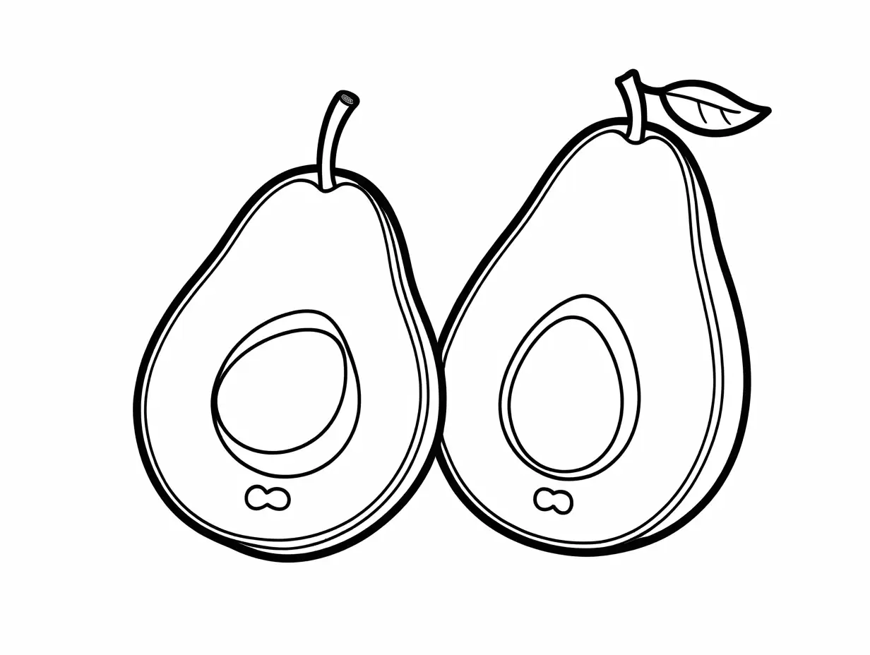simple cartoon avocado, Coloring Page, black and white, line art, white background, Simplicity, Ample White Space. The background of the coloring page is plain white to make it easy for young children to color within the lines. The outlines of all the subjects are easy to distinguish, making it simple for kids to color without too much difficulty