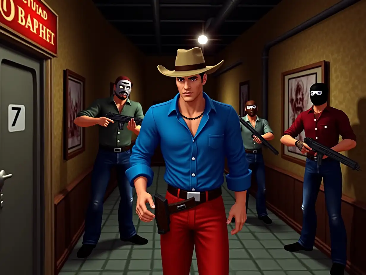 1990s 3D ps1 styled Gameplay screenshot for PlayStation featuring a 3D polygonal characters models of a cowboy in a hat blue long sleeve dress shirt red long pants holster in a back alley of a bar cornered by armed thugs in ski masks  1990s 3D polygonal style video game 3rd person fighting game 3rd person 3D Beat em up 1990s graphics retro style game 3D 3rd person survival horror game 3d 1990s PlayStation Graphics of old 3d 1990s Graphics