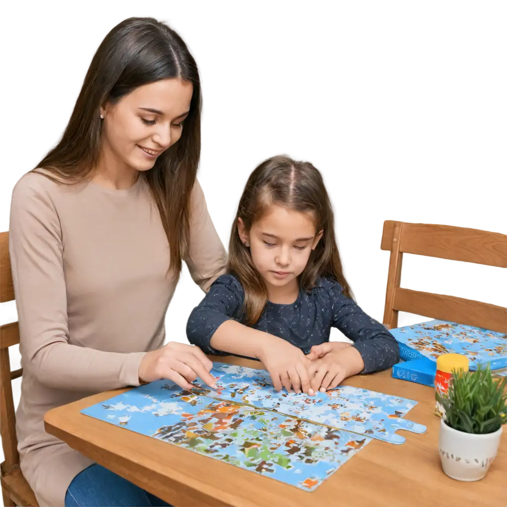 PNG-Image-of-a-Girl-and-Her-Mom-Collecting-Puzzles-on-the-Table