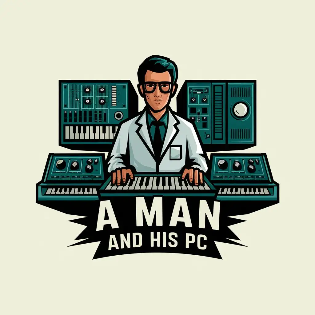 LOGO Design for A Man And His PC Scientist with Vintage Synthesizers on Clear Background