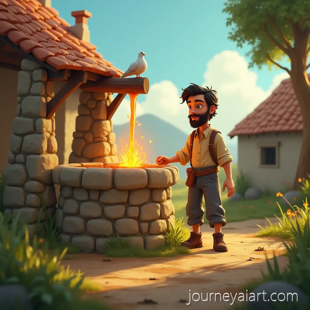 Farmer-Mila-Pouring-Glowing-Potion-into-Stone-Well-in-Village