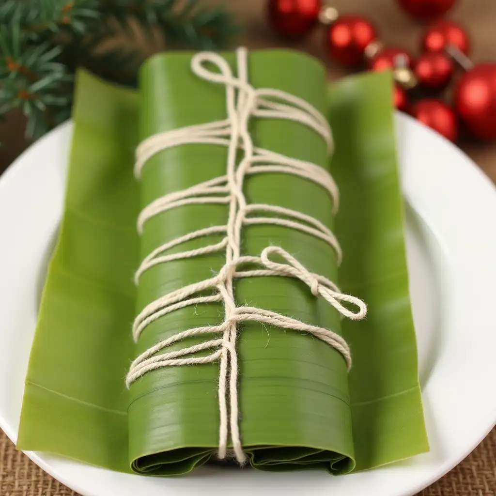 masa de maíz wrapped 100% and only the banana leaf can be seen where the sides are folded over the dough and then rolled into a thin rectangle and secured with white kitchen thread which is passed through the ends of the thread under the banana leaf and crossed, creating a design of 6 sections on the banana leaf which is on a white plate with a Christmas decoration