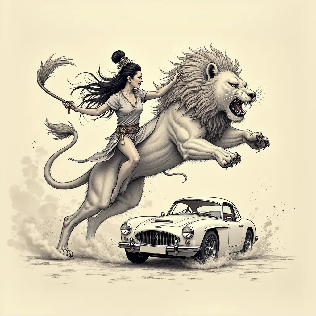 Chinese-Woman-Fighting-a-Lion-with-a-Car-in-the-Scene