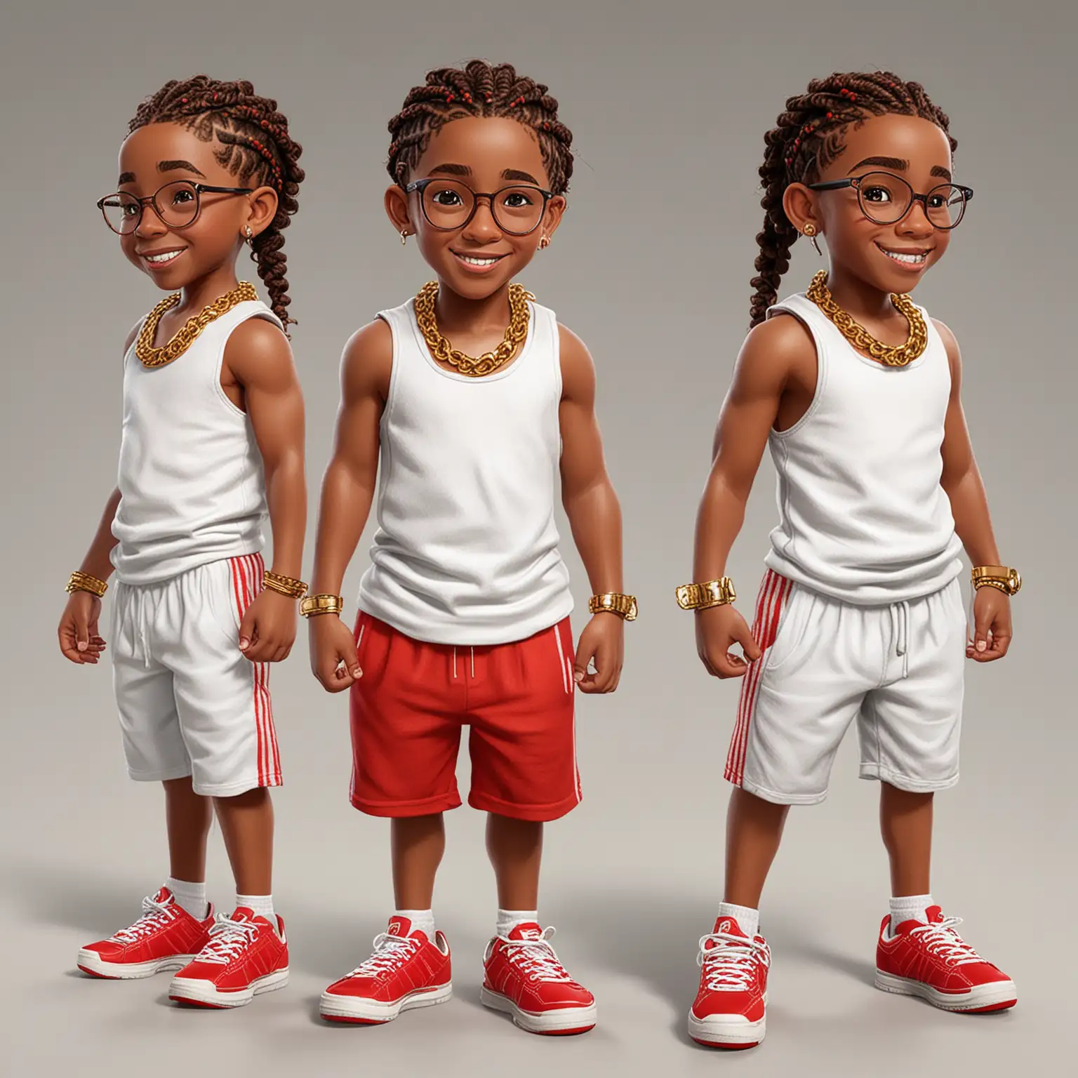 5 different a cartoon illustration an African-American 10 yr old little boy WITH short CORNROW BRAIDS  muscular build, wearing a white tank top and red track pant, and red tennis shoes with a gold chain and earring and school glasses cheerful and energetic expression .