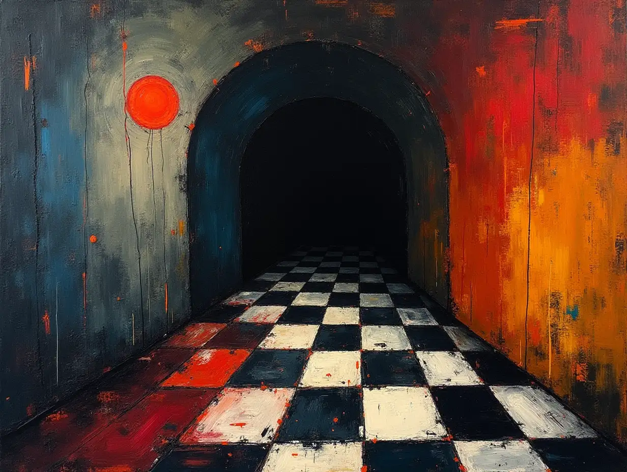Checkered pattern, stripe, primitively schematic minimalism, underground tunnel bend darkness in the style of Kandinsky, Malevich, minimalism, simplify for a beginning artist with acrylics many colors, constructivism abstract expressionism, gloomy