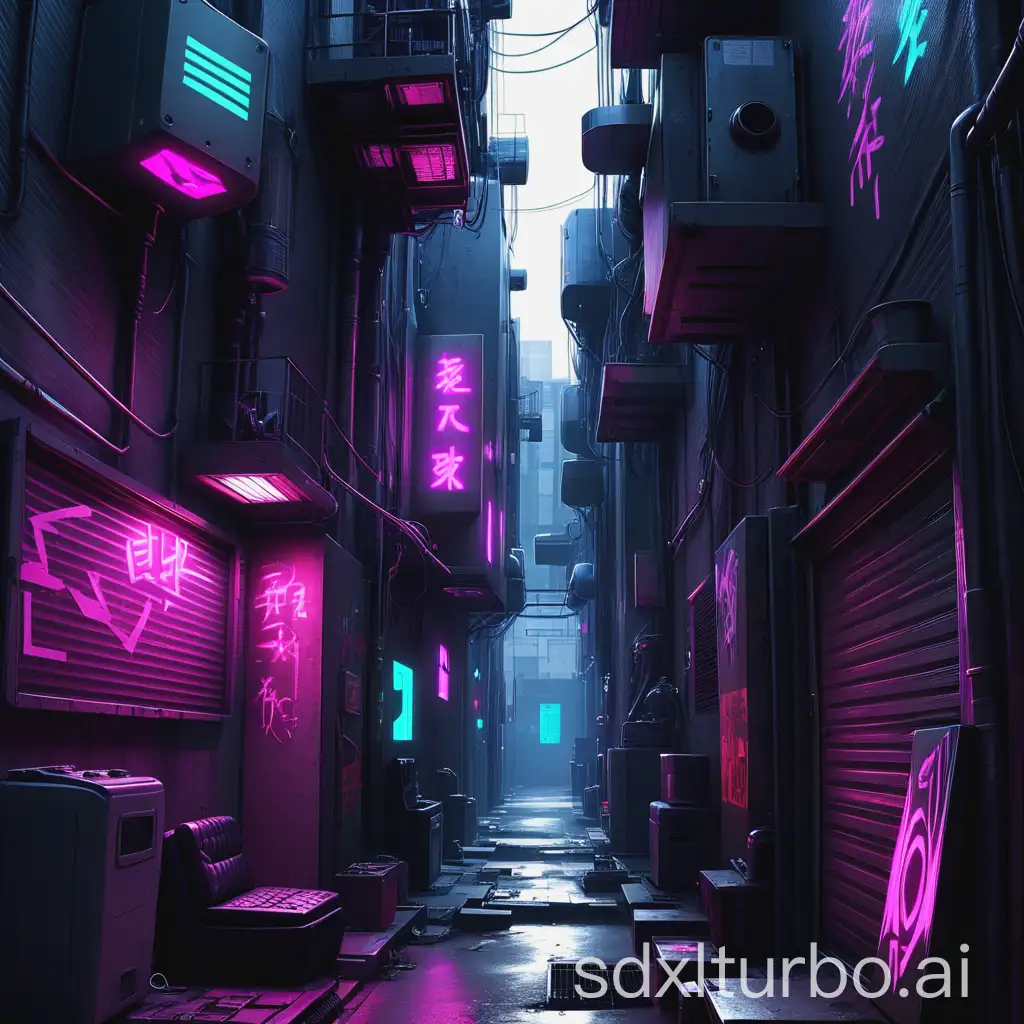 Cyberpunk-Style-Back-Alleyway-at-Night-with-Neon-Lights-and-Graffiti