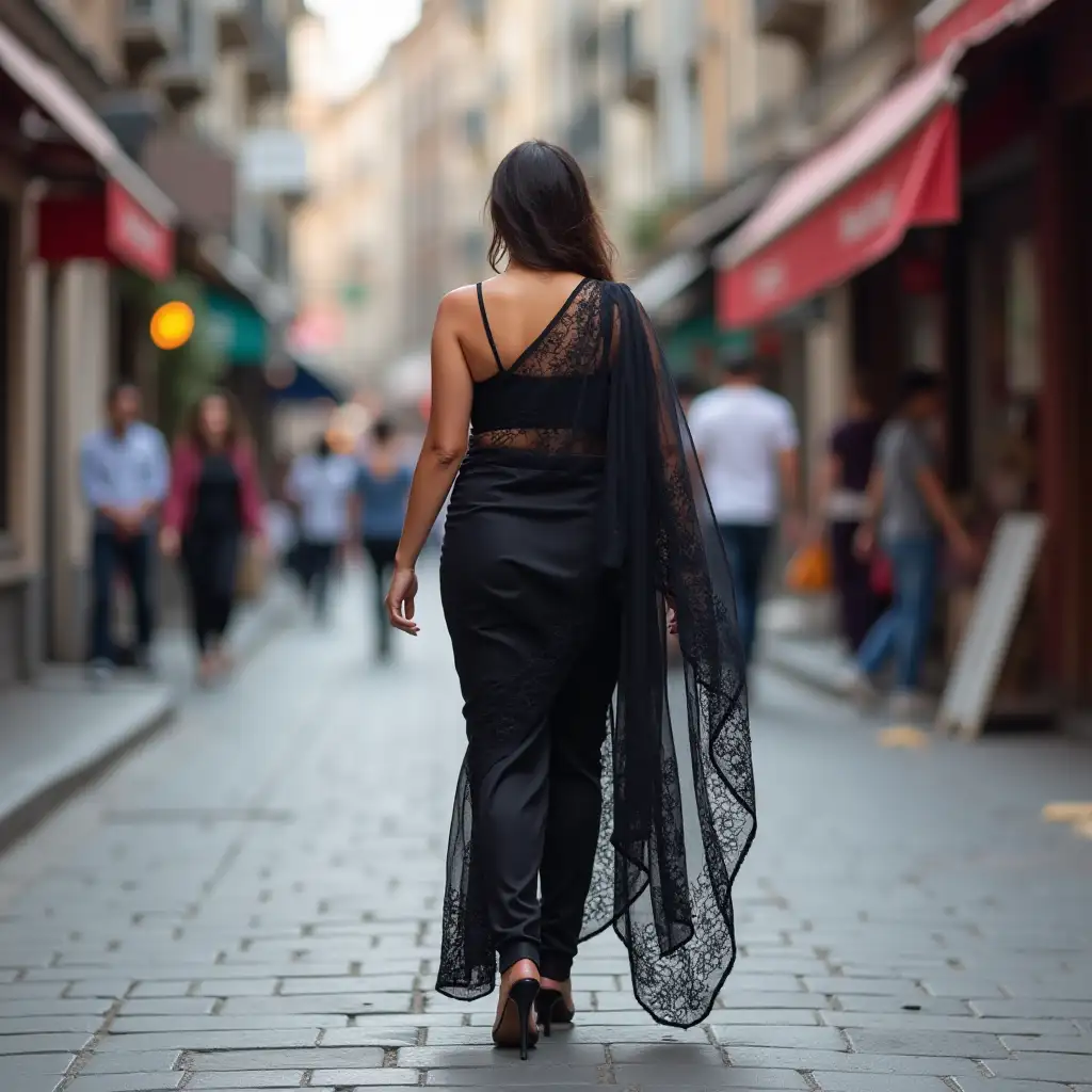 Woman-in-Black-Lace-Saree-Walking-on-Busy-Street-in-High-Heels