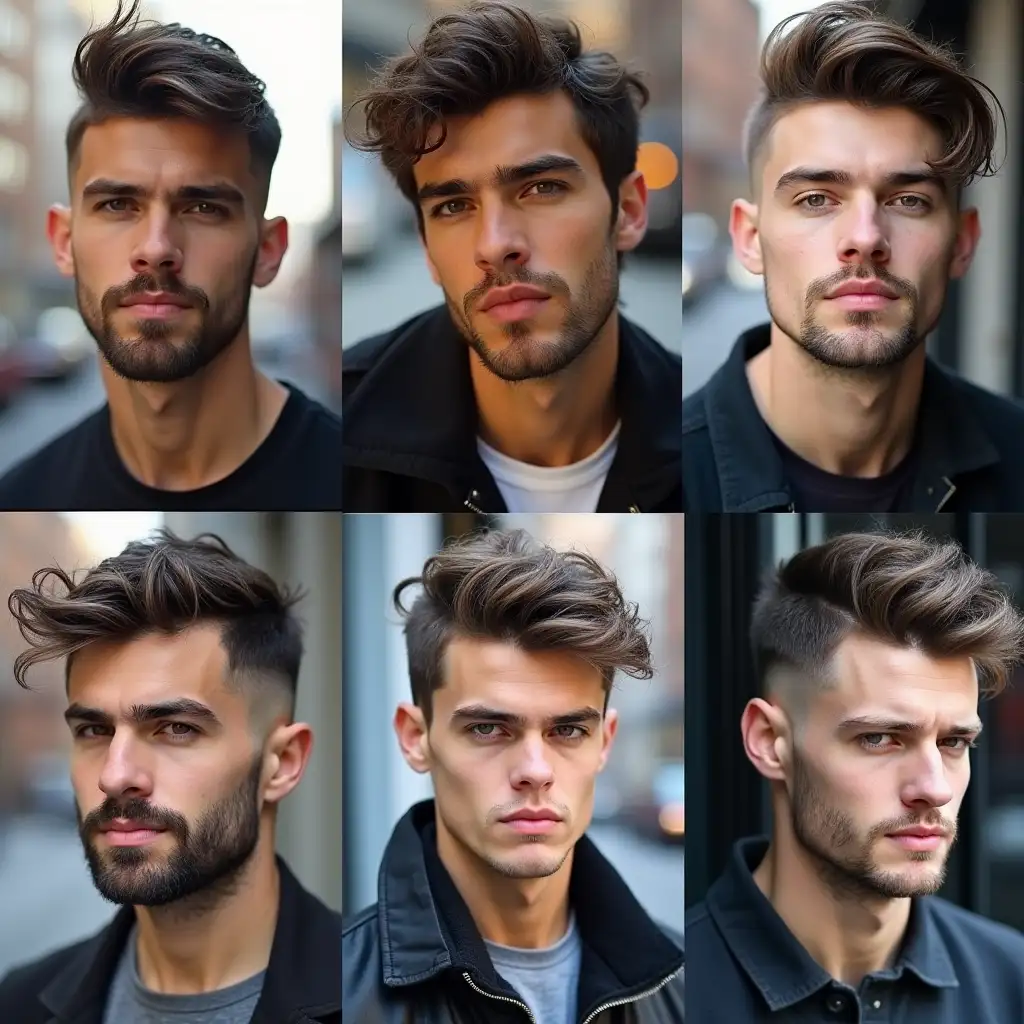 A collection of diverse men's wolf cut hairstyles, showcasing varying lengths and textures, styled with messy, natural volume, presented in a candid, street-style photography format, ambient lighting, shallow depth of field.