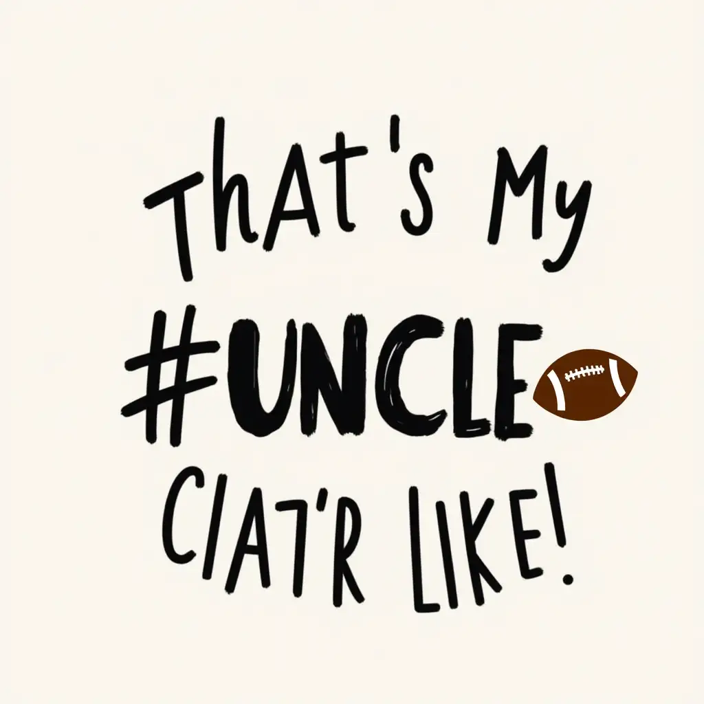 Create a football-themed graphic with the text 'THAT'S MY # UNCLE!' in bold, black letters. The letters should have a playful, handwritten style, and the hashtag symbol should be surrounded by a football icon.