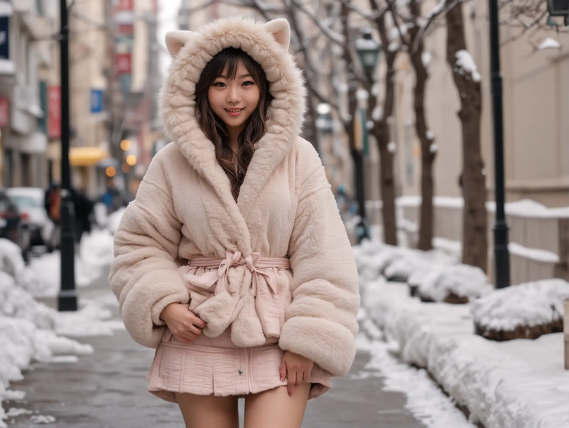 Masterpiece, best quality, adorable and Cute asian catgirl wearing a very fluffy very furry jacket, bunching up in the cold winter city streets, shy, blushing, ((micro-skirt with fur trim)), flashing her shiny panties