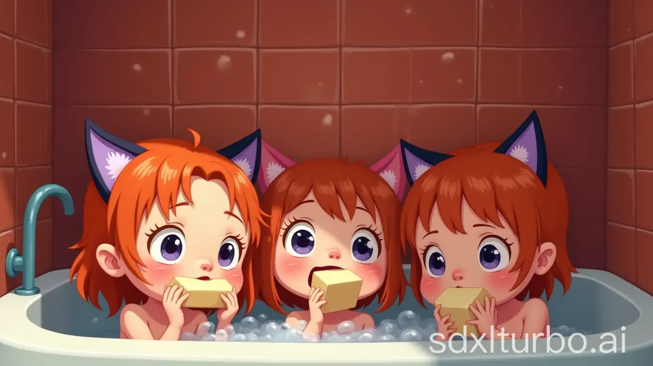 Adorable-Redhead-Little-Girls-with-Violet-Cat-Ears-Enjoying-Bathtime