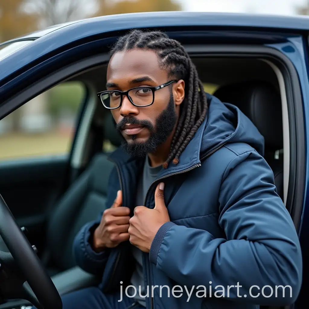 Light-Skinned-Man-with-Braids-and-Glasses-Entering-Navy-Blue-Car-While-Putting-on-Jacket