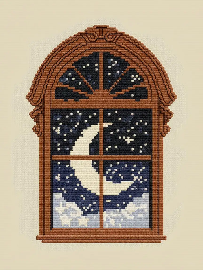 Victorian Brown Window Frame Cross Stitch with Moon and Starry Night