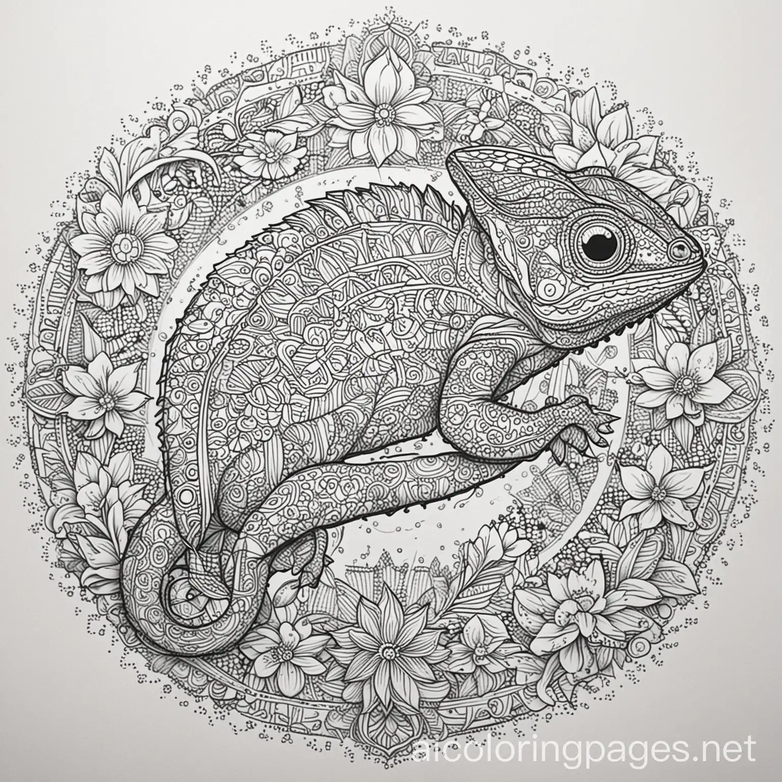 A Chameleon with vivid pattern inside of it, mandala design, coloring book photo, thick lines, no black dots, just outline,, Coloring Page, black and white, line art, flowers and vivid design outside of the mandala for the background, vivid graphics, Mandela, Ample White Space. The background of the coloring page is plain white to make it hard for seniors to color within the lines. The outlines of all the subjects are easy to distinguish, making much difficulty., Coloring Page, black and white, line art, white background, Simplicity, Ample White Space. The background of the coloring page is plain white to make it easy for young children to color within the lines. The outlines of all the subjects are easy to distinguish, making it simple for kids to color without too much difficulty