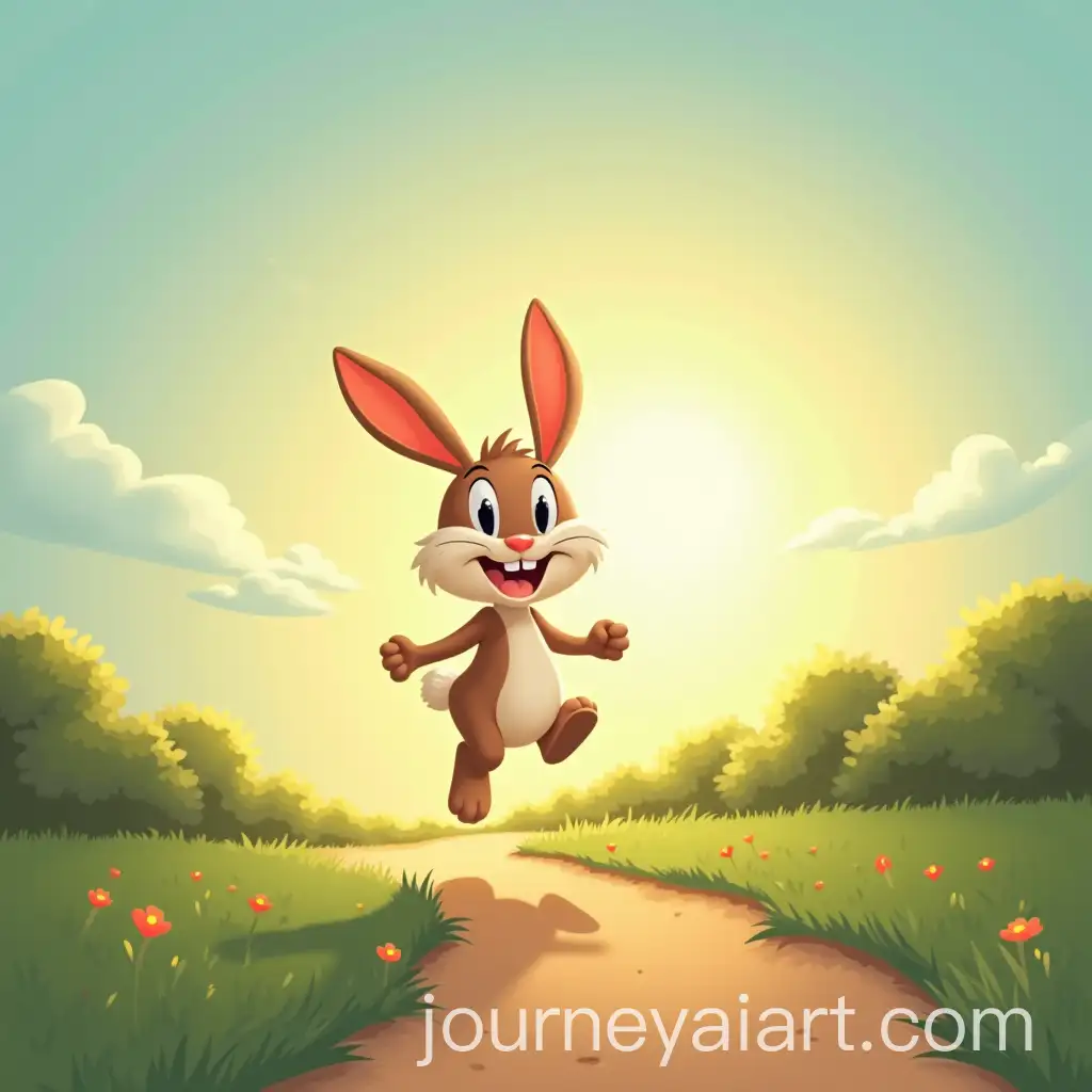 Cartoon-Bunny-Jumping-Down-Path-with-Rising-Sun