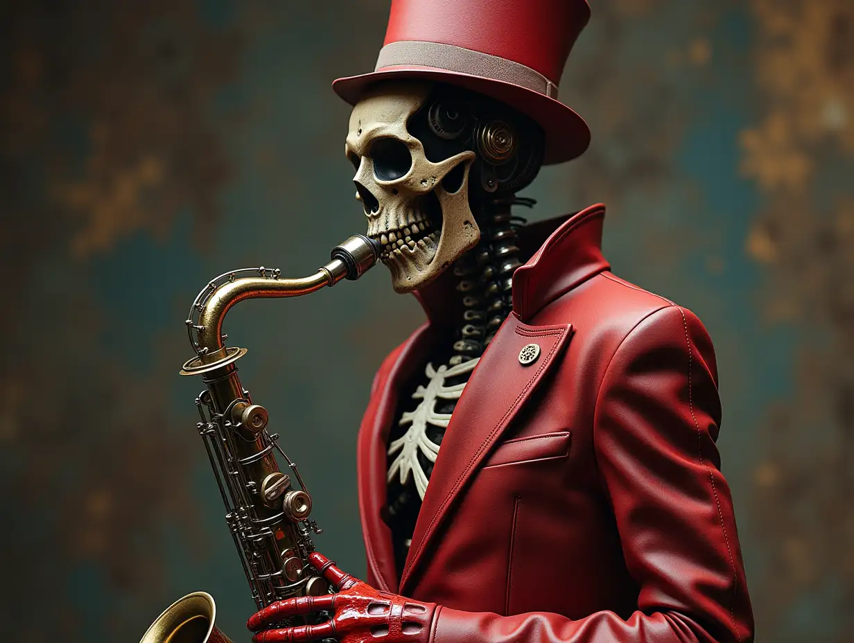 Create a high-resolution, realistic image of a robot with a skeletal body, red porcelain hands and head, a fashionable tracksuit, a Steampunk top hat and a saxophone in 4K resolution (Steampunk 8K quality)