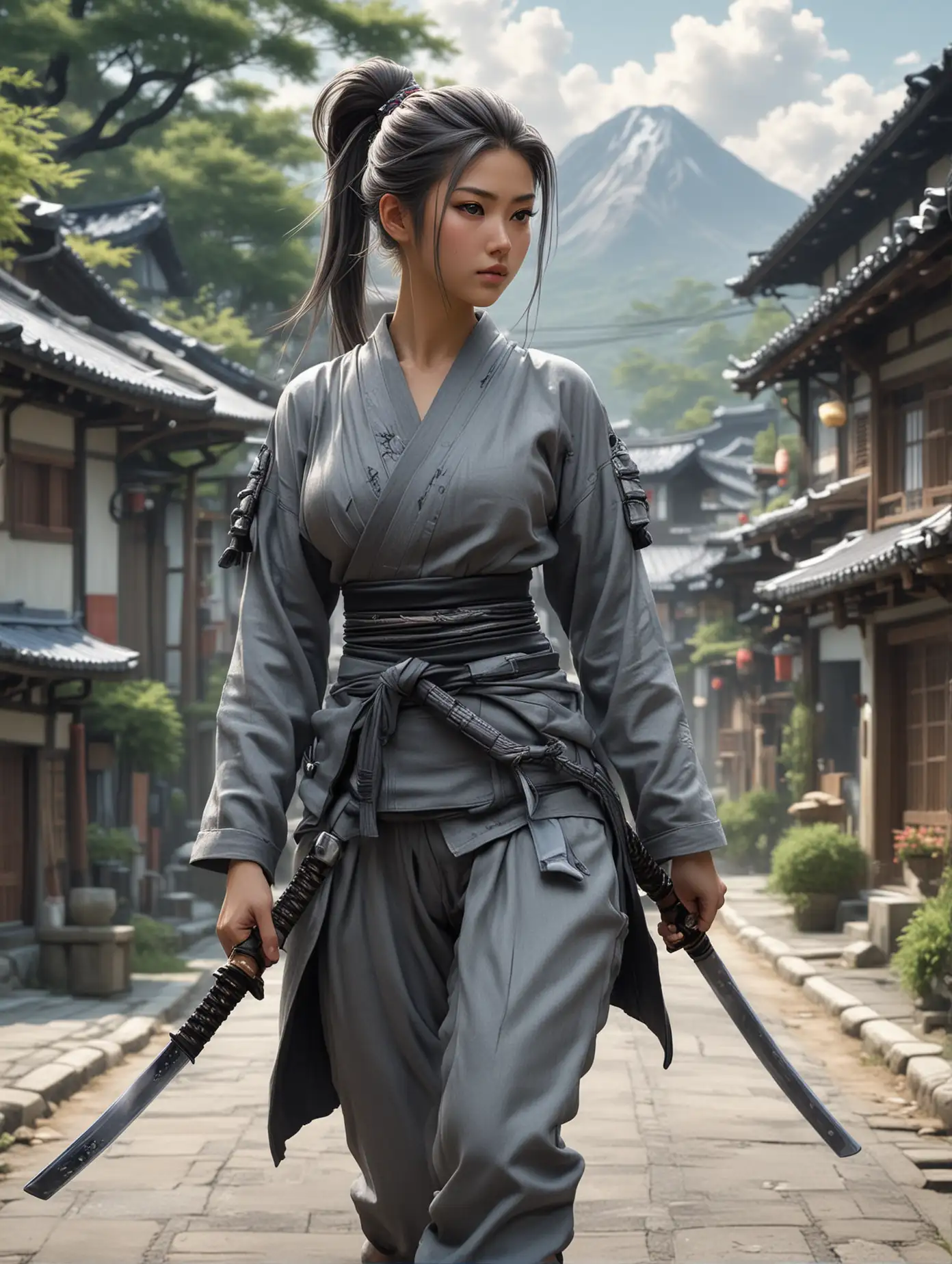 whimsical style of A fantastical of beauty anime female in grey ninja's outfit style, ponytail hair style, strapped a katana on her side, she was walking on a japanese village road with large watch accent background. Hyperrealistic and hyperdetailed elements, impressionistic masterpiece