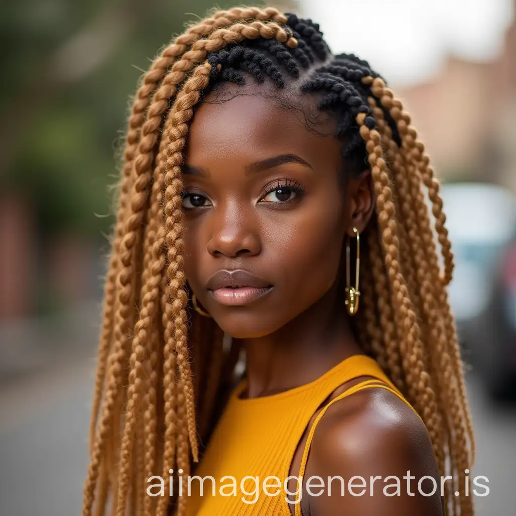 African-Style-Braided-Hairstyle-Woman-with-Honey-Blond-Hair-and-Full-Dress