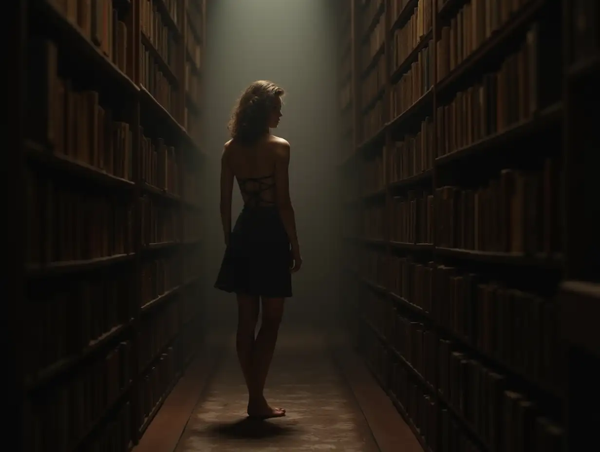 Elara, an 18-year-old librarian, standing in an alluring pose in the dim, dusty aisle of an old-world library.