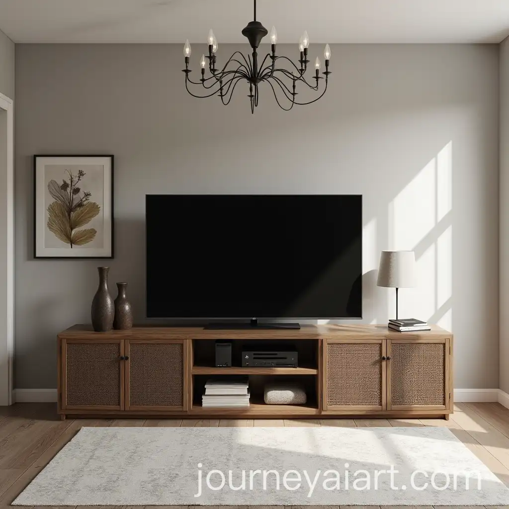 Elegant-Oak-TV-Stand-with-Wicker-Detailing-and-Modern-Chandelier-Lighting