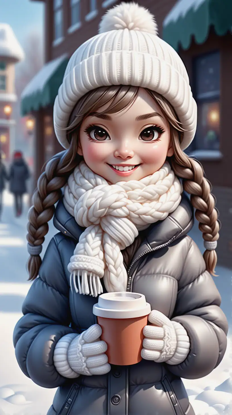 Charming Chibi Woman in Cozy Winter Attire Holding a Steaming Cup