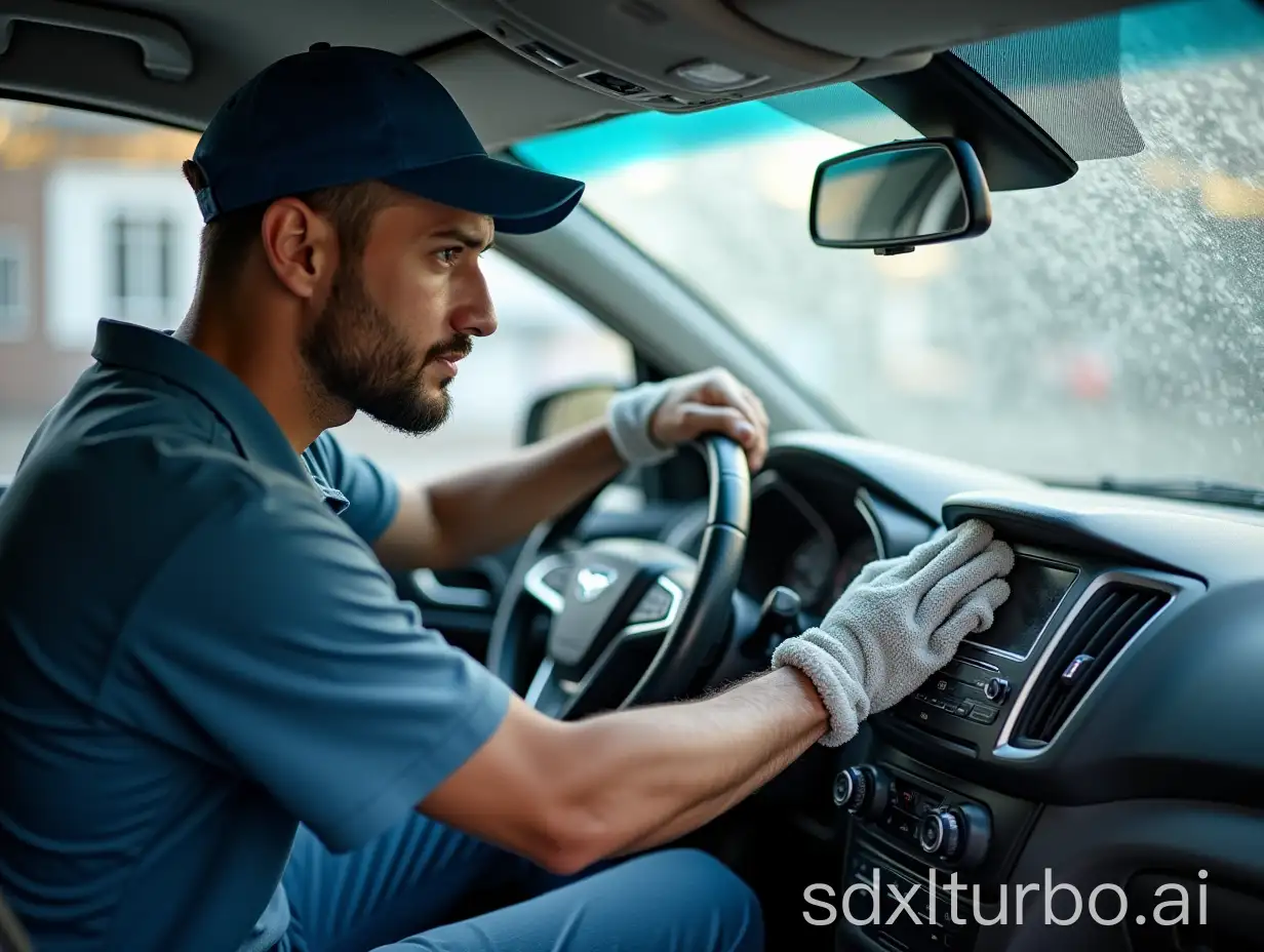 Describe a car wash worker's work scene. He is concentrating on cleaning the interior of the car, holding a wet cloth in his hand, carefully wiping every detail to ensure the car interior is fresh and clean.