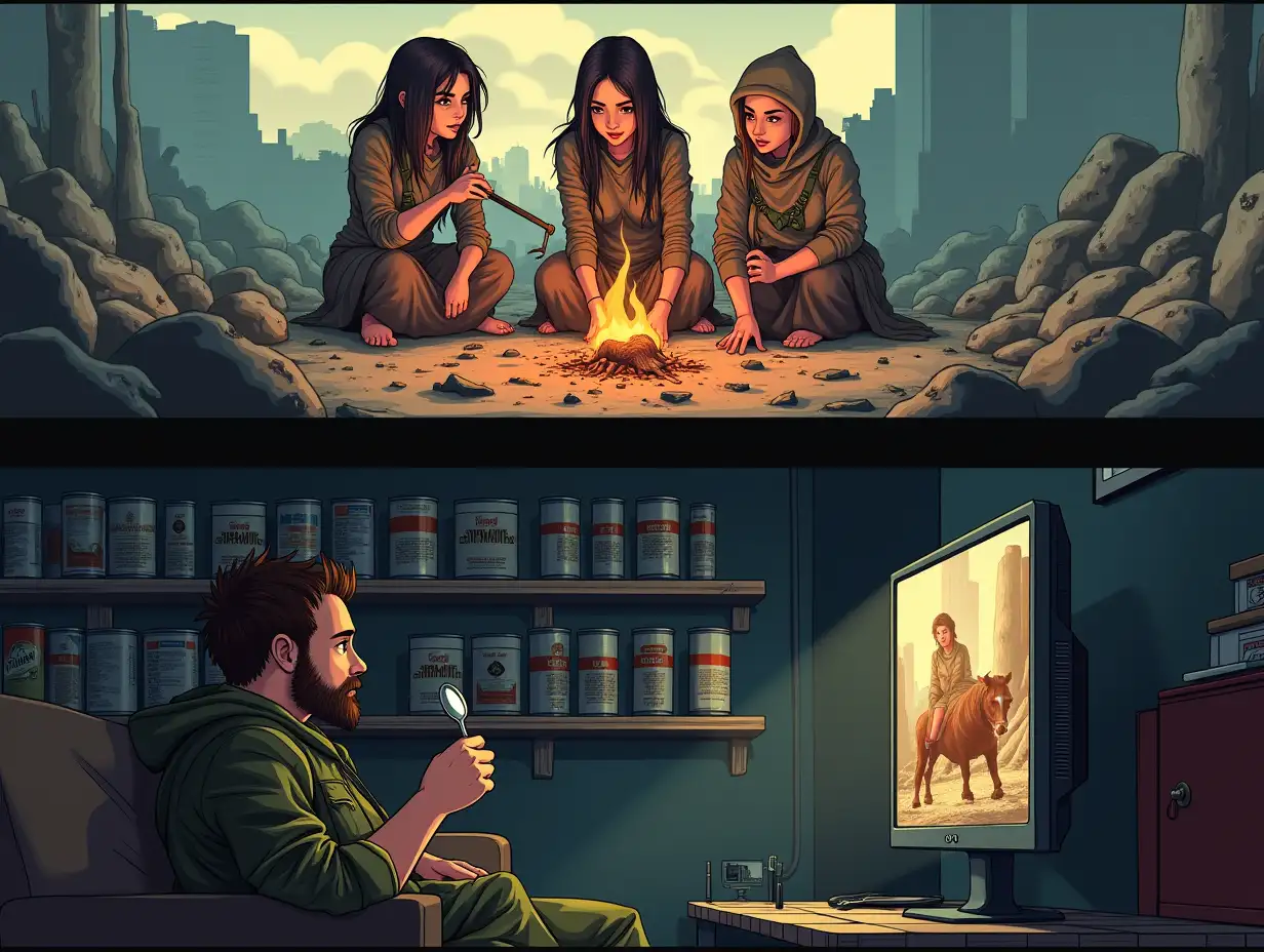 user_prompt: The image is divided into two horizontal parts. At the top, on the ground among ruins, a group of three glamorous women in rags, consisting of homeless women, roasts a rat on a spit. Below, from the bunker, a bearded man in camouflage sits on a couch, watching this scene with interest on the monitor screen, eating canned stew with a spoon. Along the wall of the bunker shelves with rows of cans of canned food. Anime style.