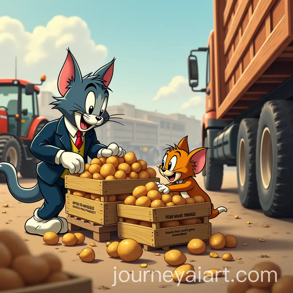 Tom-the-Cat-Supervising-Workers-in-a-Mandi-with-Exported-Golden-Potatoes