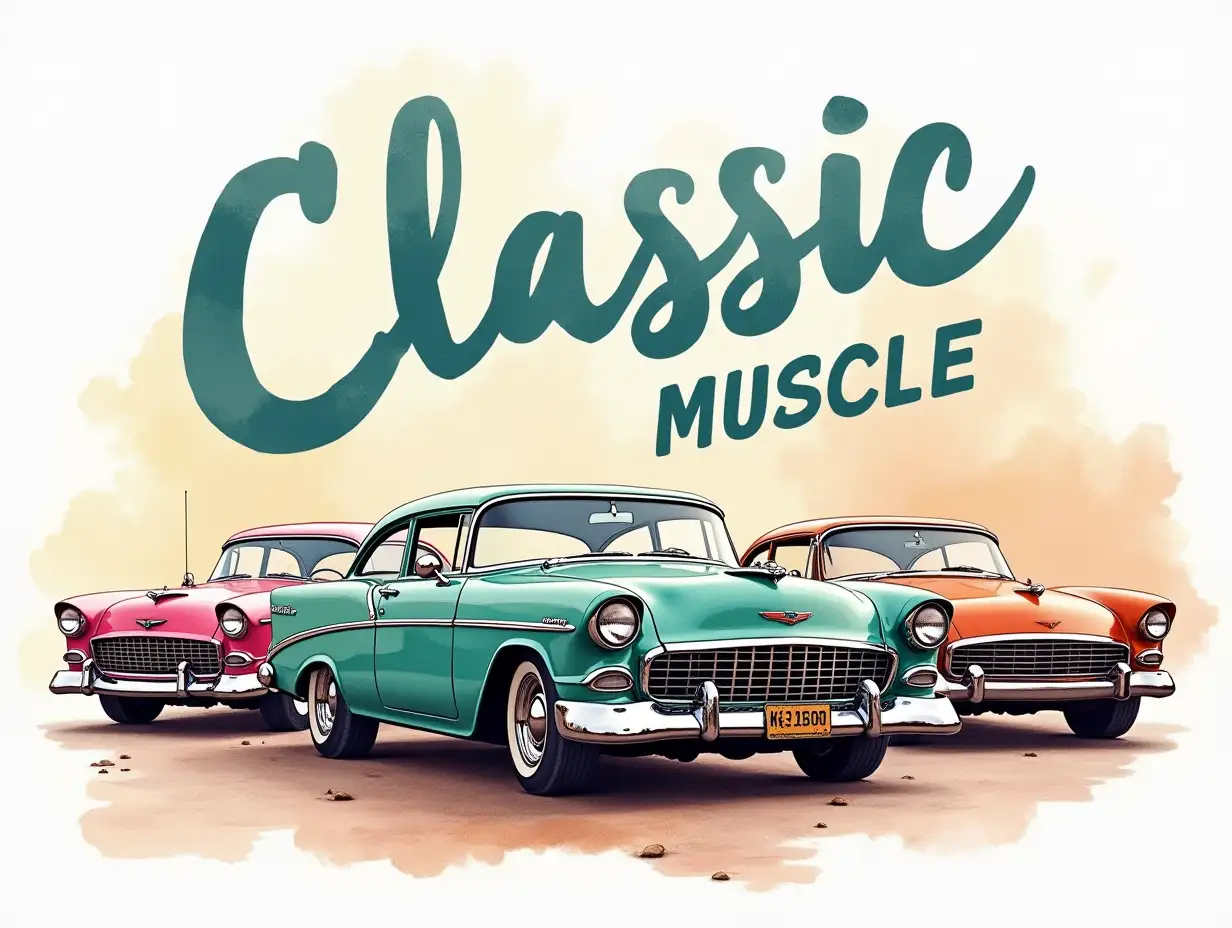 Watercolor art, vintage, vector, seamless. Classic muscle cars in a whimsical, impressionistic style, featuring three vintage vehicles with vibrant, weathered paint jobs showcasing hues of teal, pink, and rust. The background is an abstract blend of soft pastels and fluid brush strokes, creating a dreamy atmosphere. Each car should be positioned dynamically, highlighting their iconic shapes and details, like the curves of the hoods and the distinctive grilles. Prominently display the text 'Classic Muscle' in bold, stylized typography, emphasizing a sense of nostalgia and automotive pride. The overall color palette should evoke a sense of retro charm while maintaining a contemporary artistic feel.