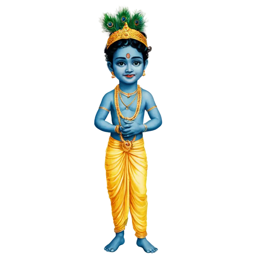 Illustrate young Krishna as a toddler, with a dark blue complexion, playful eyes, and a divine smile. He should be dressed in traditional attire with a bright yellow dhoti and adorned with a peacock feather in his hair. Show him with a slightly mischievous expression, hinting at his playful nature.