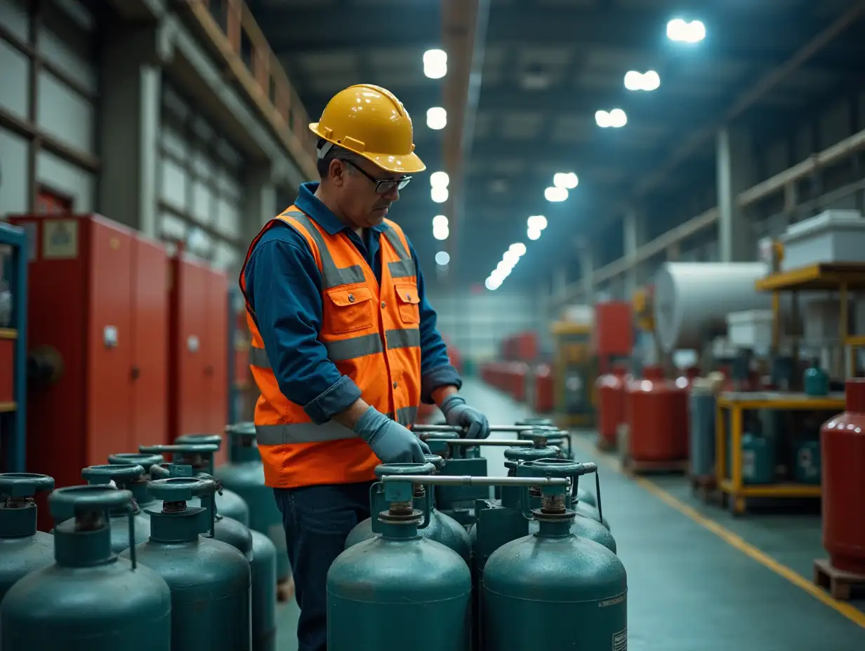 a worker, moving gas canisters at the factory