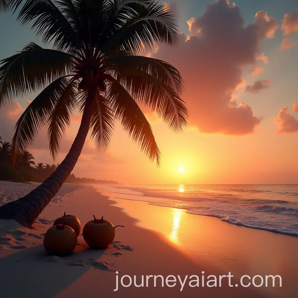 Serene-Sunset-Beach-Scene-with-Palm-Tree-and-Coconuts