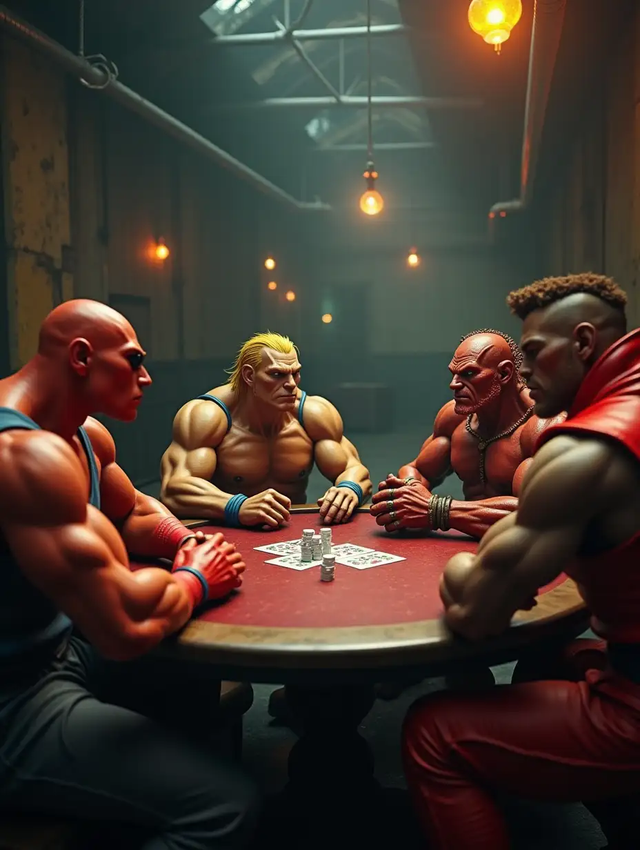 Street-Fighter-Characters-Playing-Poker-in-Abandoned-Warehouse