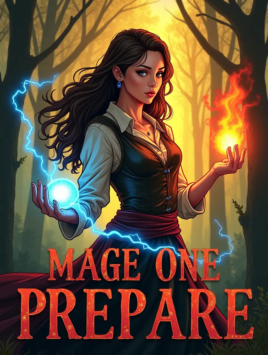 Vector, vintage. A vibrant image of a SFW russian girl mage. Lightning bolts from the left hand and a fireball in the right hand. Golden hour forest on background. The text 'MAGE ONE PREPARE' should be written in bold, rustic lettering, overlaid on the image.