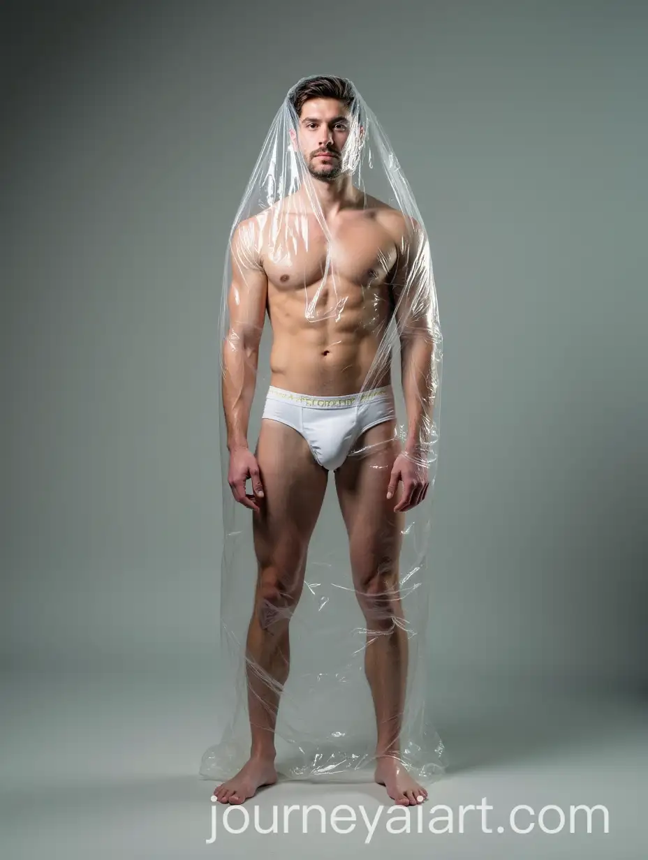 Man-Standing-Wrapped-in-Plastic-Body-Bag-Wearing-Shiny-White-Underwear