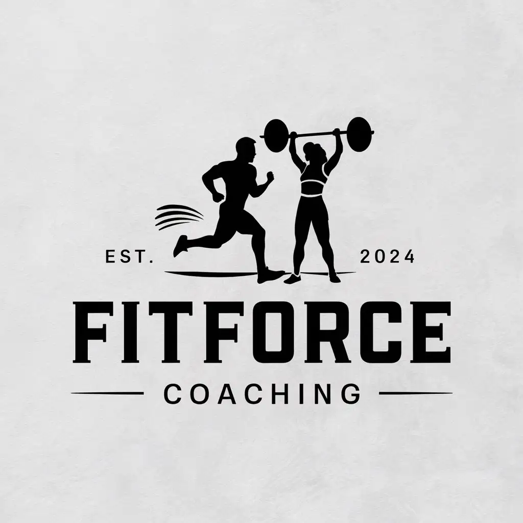 LOGO Design For FitForce Coaching Dynamic Fitness Symbol with Running Man and Weightlifting Woman