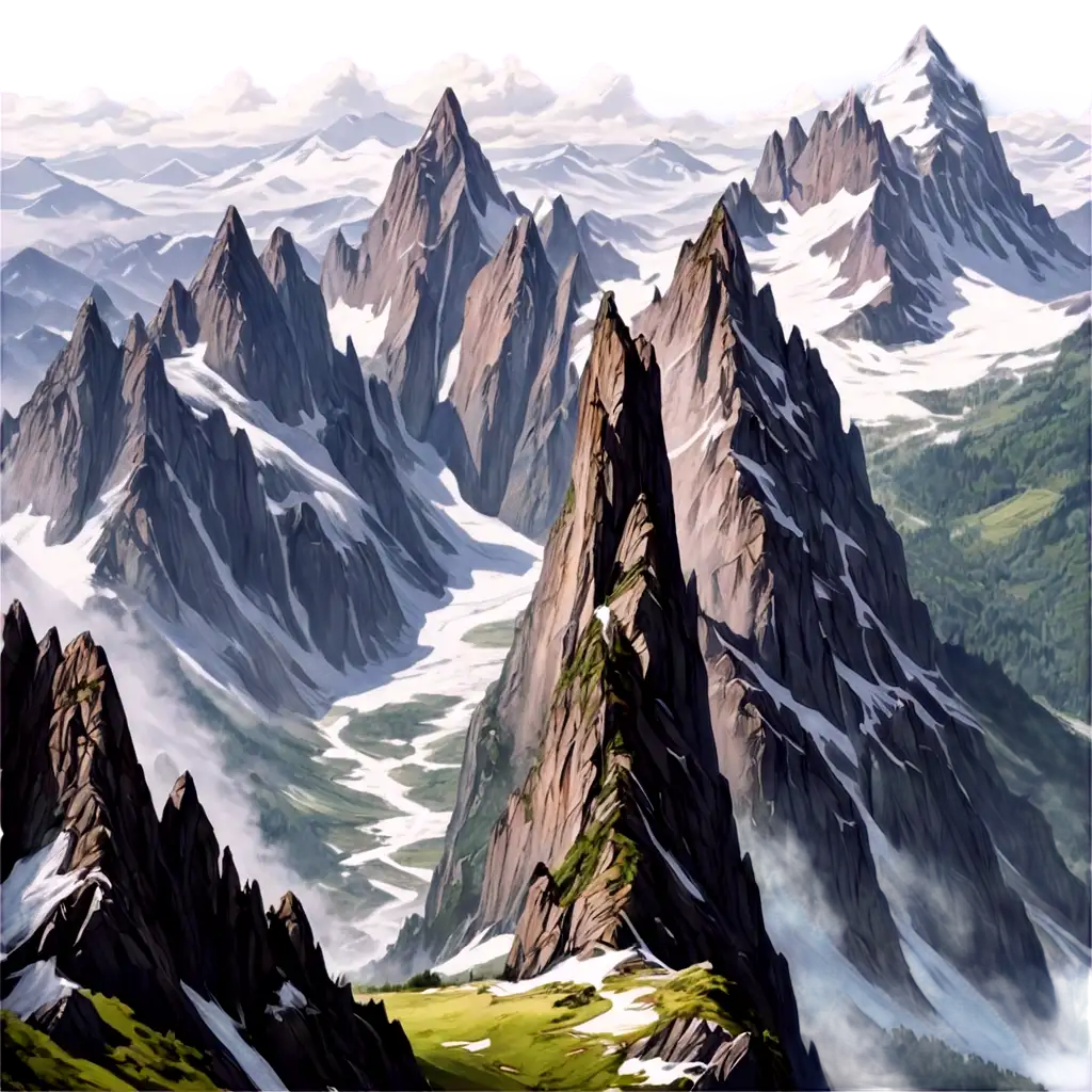 A breathtaking illustration of young mountains with tall, sharp, jagged peaks. These mountains have snow caps and steep cliffs that create an imposing and awe-inspiring view. The sky above is clear with scattered clouds, and a few birds fly high in the atmosphere. The slopes below are rocky and unforgiving, with no sign of lush vegetation.