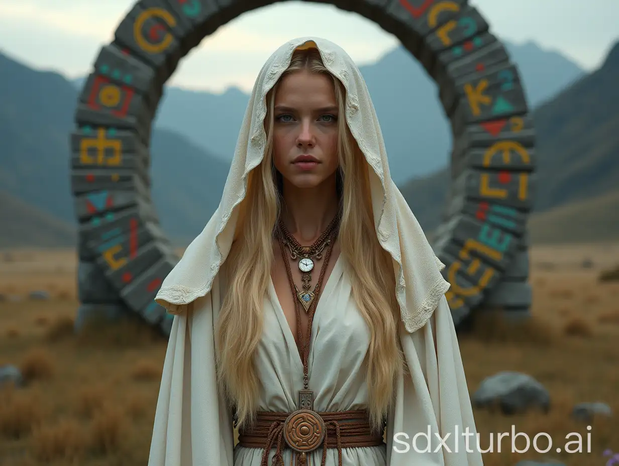 intricate hyperrealistic portrait, ancient blond long-haired, veiled goddess wearing an adorned flowing white tunic, standing in front of a runestone circle carved with colorful mysterious symbols, a distant mountain in the back, mystical ambiance, cinematic color grading, 8K resolution, accurate perspective, high detail, volumetric lighting