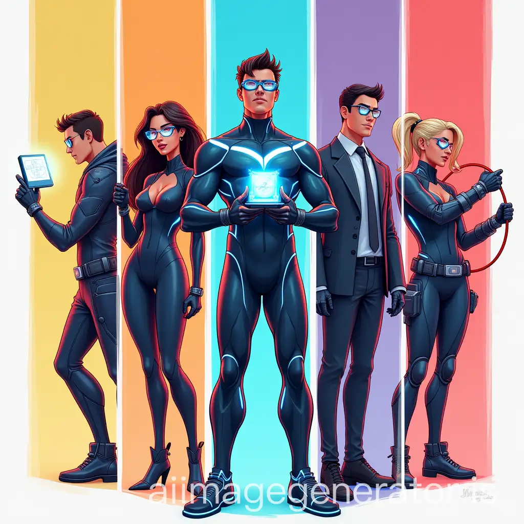 Propose a humoristic illustration divided into five vertical panels, each containing one superhero-inspired character.  Each character is fully visible from head to toe, with ample space between each character and the edges of the image.  The characters are arranged as follows:  Center Panel:  Character: A male superhero  Attributes: Holding a futuristic holographic compass, and augmented reality glasses  Attire: Dressed in a sleek, metallic suit with glowing blue accents  Left of Center Panel:  Character: A female superhero  Attributes: Holding a digital blueprint tablet emitting light  Attire: Wearing a form-fitting suit with neon lines.  Right of Center Panel:  Character: A male superhero  Attributes: Controlling a floating cube   Attire: Dressed in a professional suit with luminescent circuits.  Far Left Panel:  Character: A male superhero  Attributes: Holding a wand and lasso  Attire: Wearing a suit with cybernetic enhancements.  Far Right Panel:  Character: A female superhero  Attributes: Wearing energy-infused gauntlets  Attire: Dressed in a tech suit with reinforced armor.  Background: Each panel has a distinct background color or pattern that complements the character's theme and attire, adding a vibrant and dynamic feel to the illustration.  Style: The overall style is futuristic and dynamic, with sleek designs and advanced technology features. The characters are depicted in powerful and confident poses, emphasizing their unique abilities and gadgets