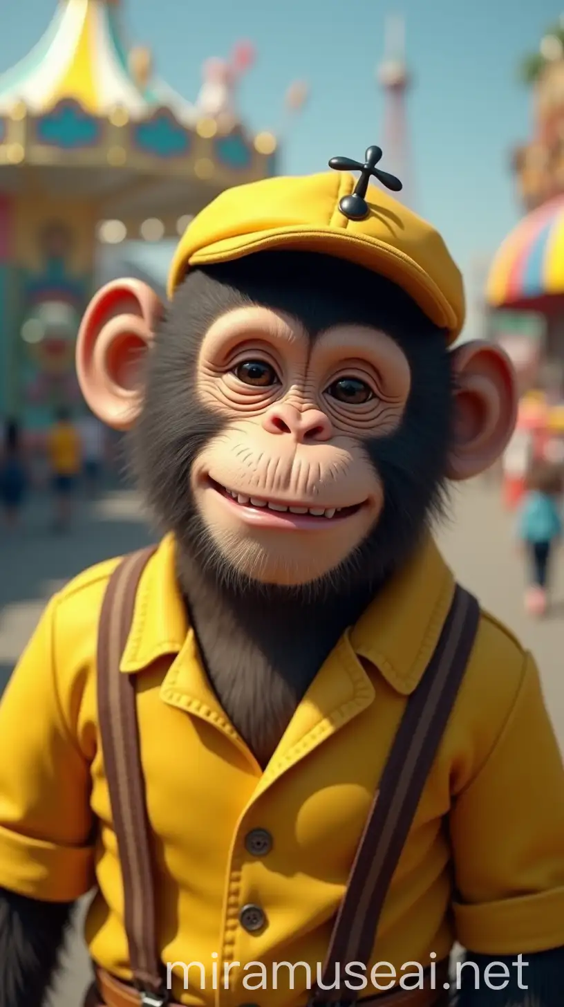 Whimsical Monkey in Yellow Jumpsuit at Amusement Park