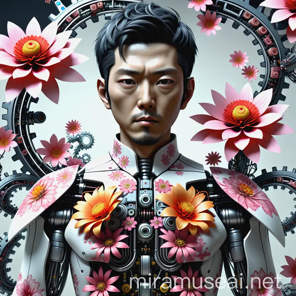 Japanese Android Man with Robotic Enhancements and Fractal Flower Shirt
