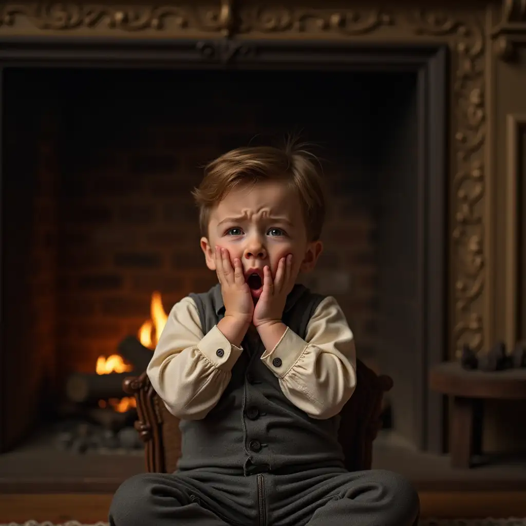 Victorian Boy Crying by a Fireplace