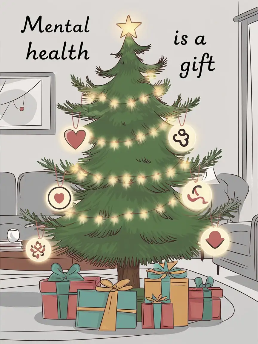 Mindfulness Christmas Tree with Heartshaped Ornaments and Gifts