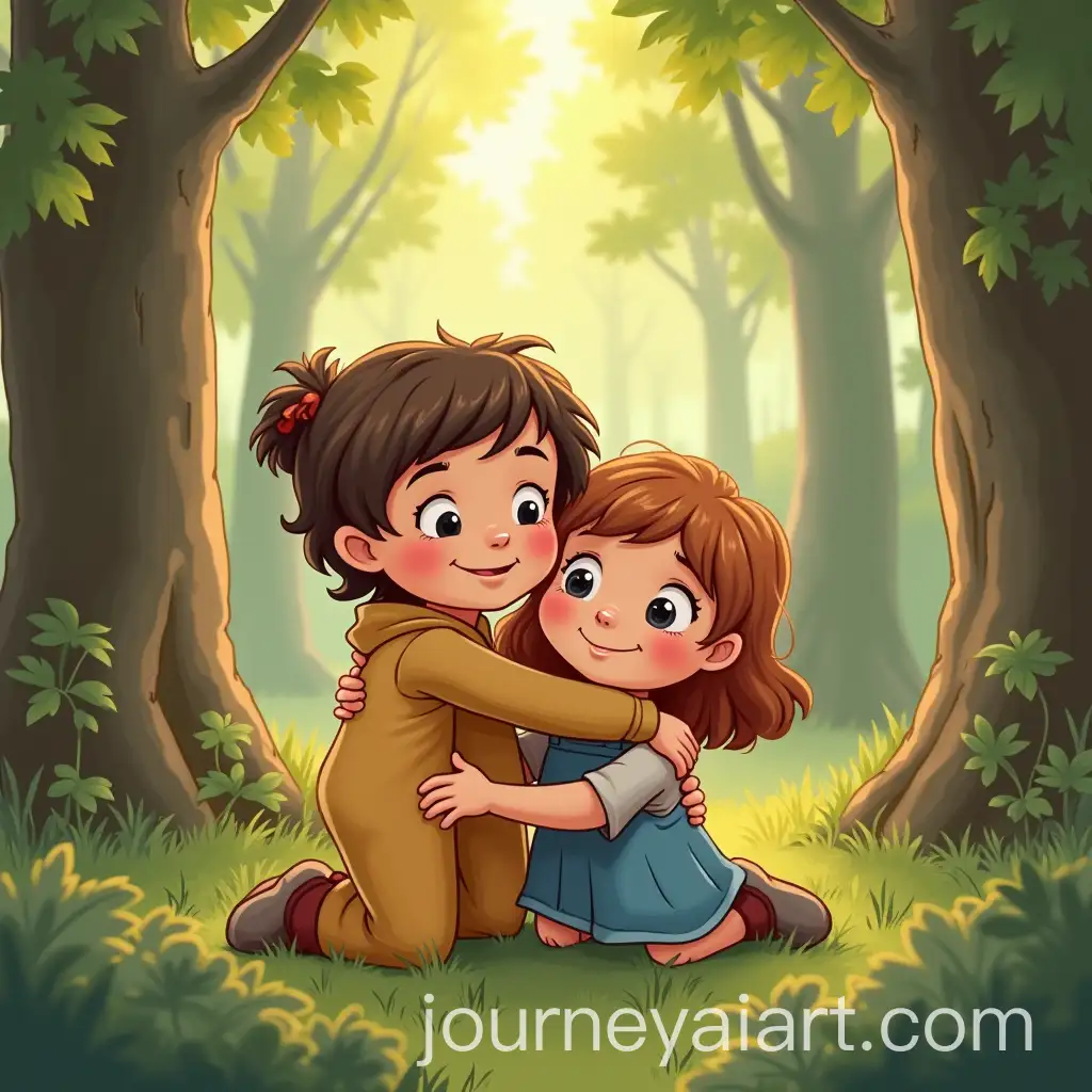 Young-Girl-Hugging-Parents-in-the-Woods-Cartoon-Style